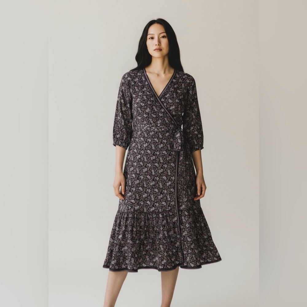 Max Studio Black Floral Wrap Midi Dress size S small new - Picture 8 of 12